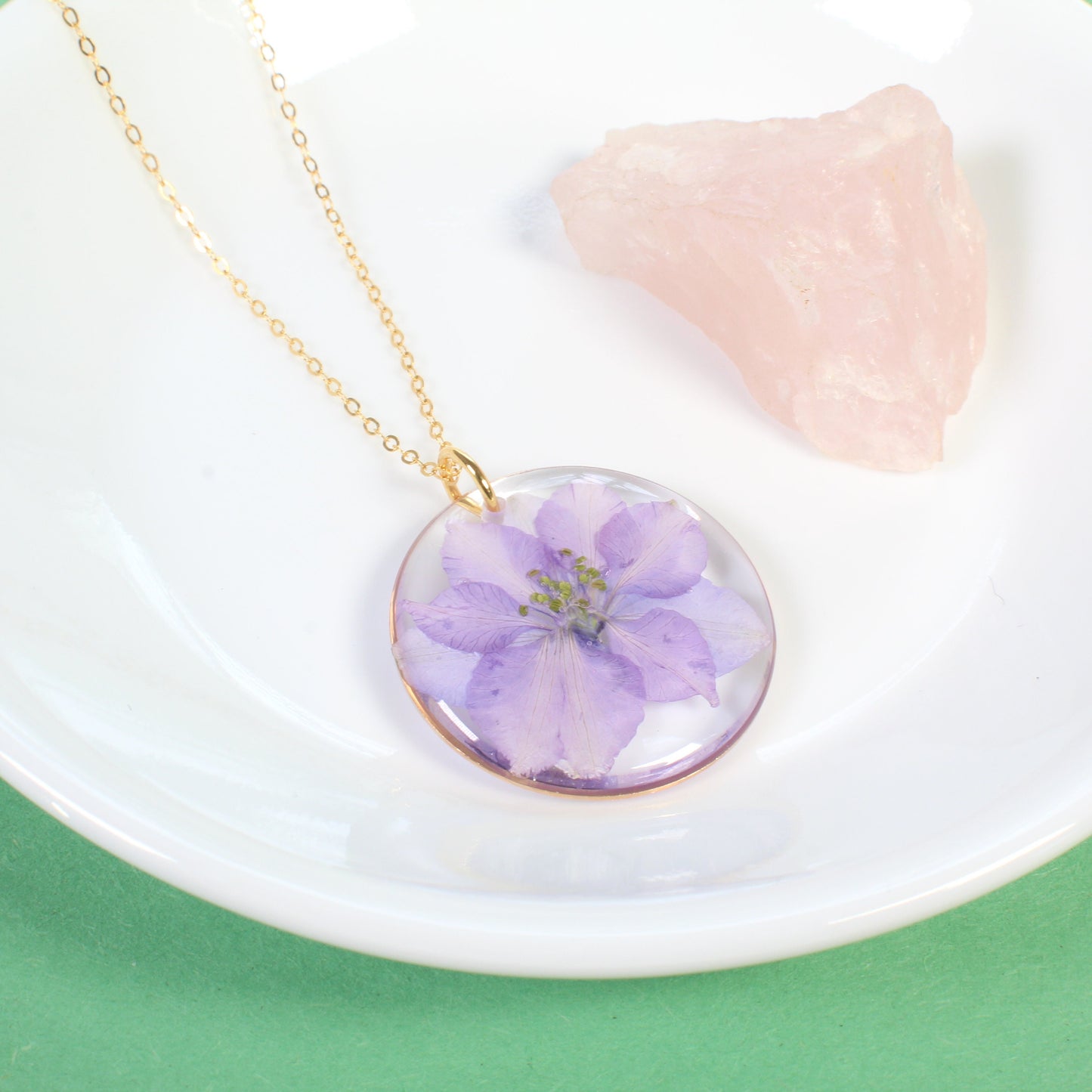 Light purple pressed flower necklace, July birth flower jewelry, real dried flower pendant, handmade resin jewelry, gold filled, larkspur