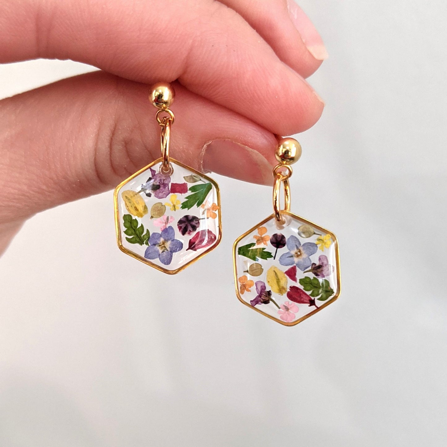 Colorful Mixed Wildflower Small Hexagon Resin Ball Stud Dangle Earrings