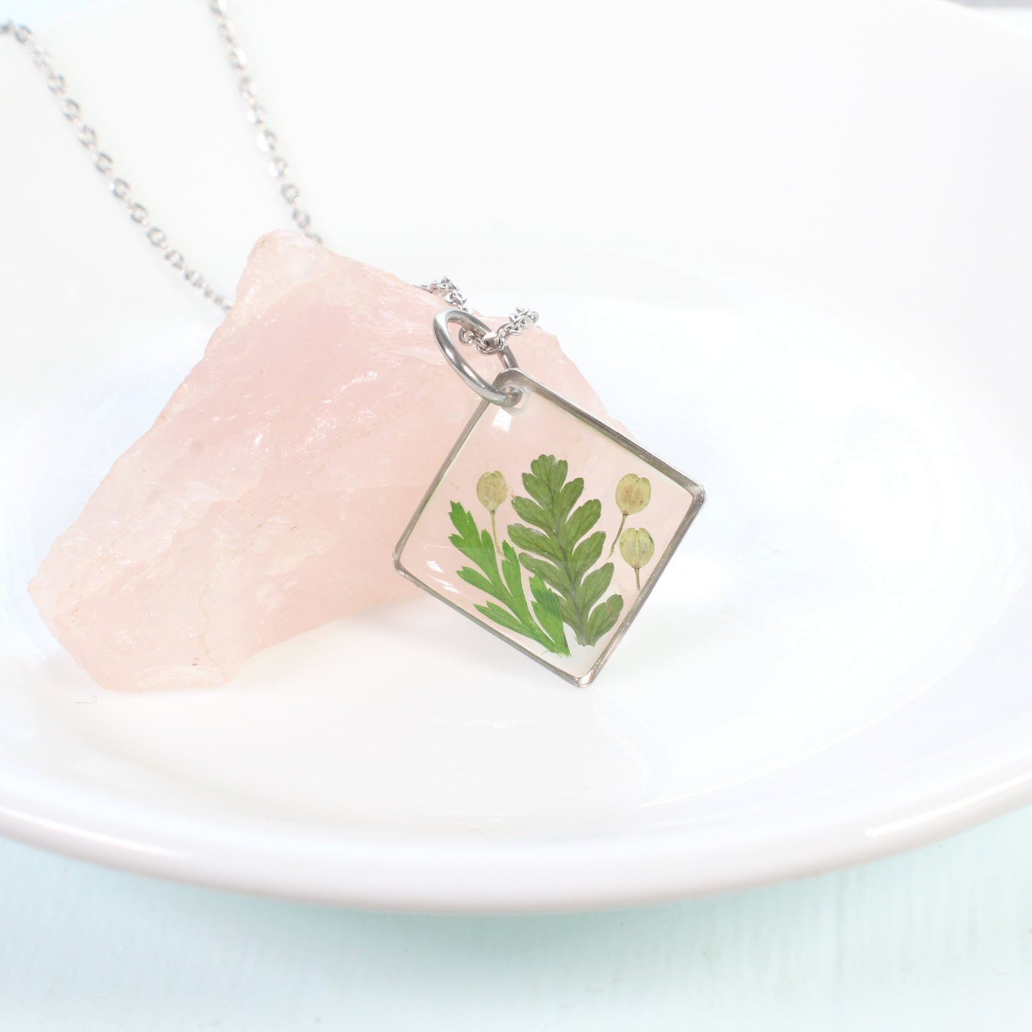 Pressed fern necklace, real green leaves in resin, handmade jewelry, nature lover gift, forest pendant, square, hiker, gardener, woodland