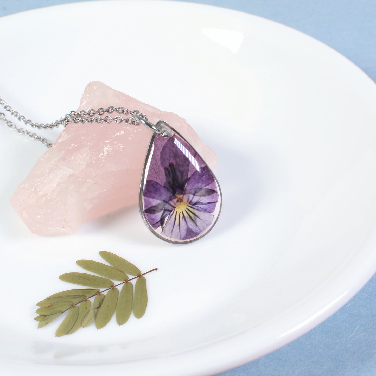 Violet necklace,  Small pressed flower pendant, real pansy viola, resin, handmade botanical teardrop necklace, February birth flower, nature