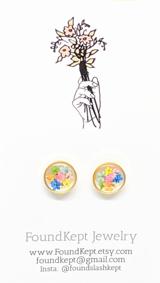 Gold rainbow earrings, pressed flower resin jewelry, colorful circle studs, hypoallergenic titanium, handmade post earrings, dried flowers