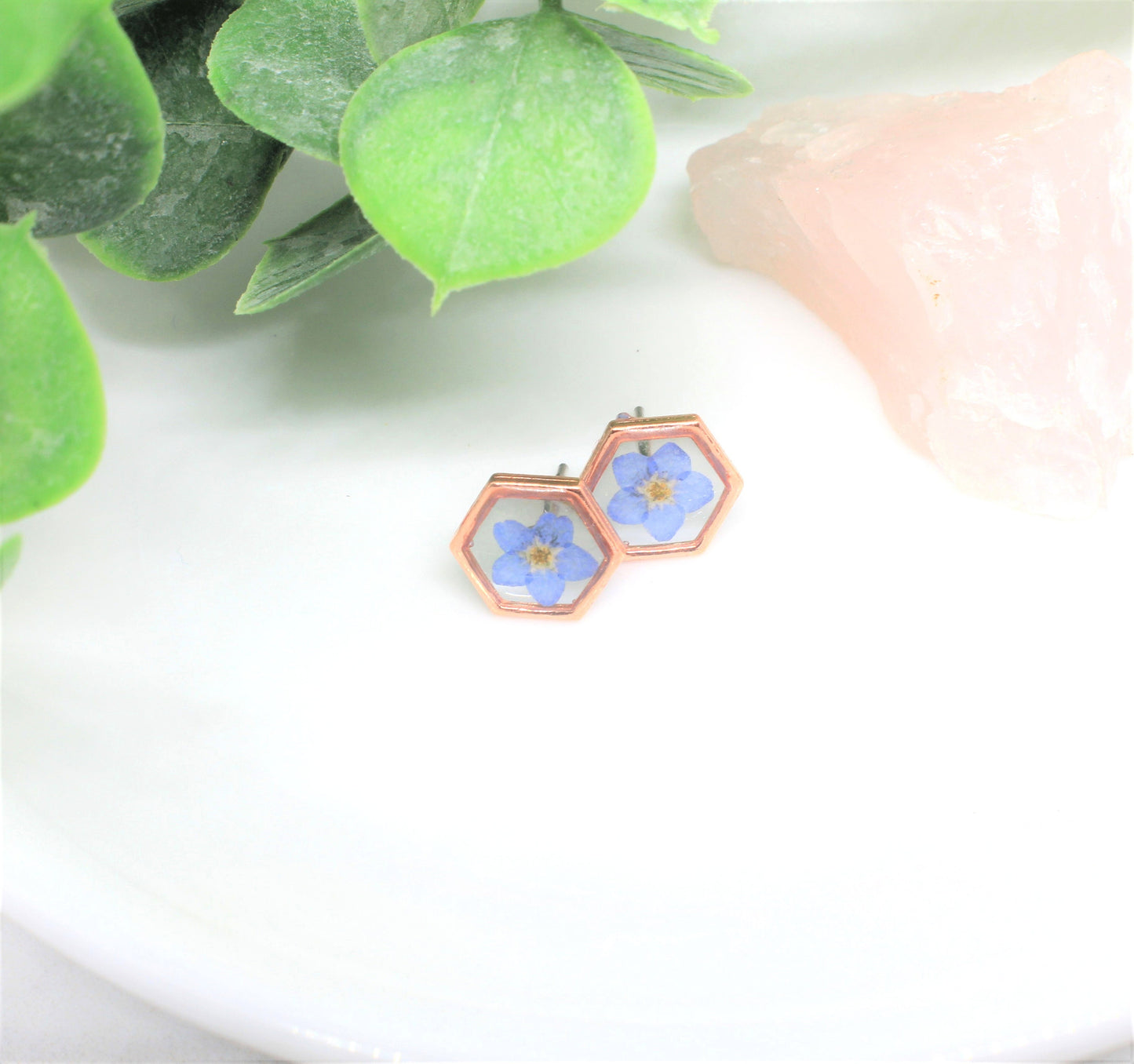 Pressed Flower Earrings, Rose Gold, Blue Forget-me-not Studs, Real Dried Flower Posts, Pressed Flower Jewelry, Botanical Forgetmenot Jewelry