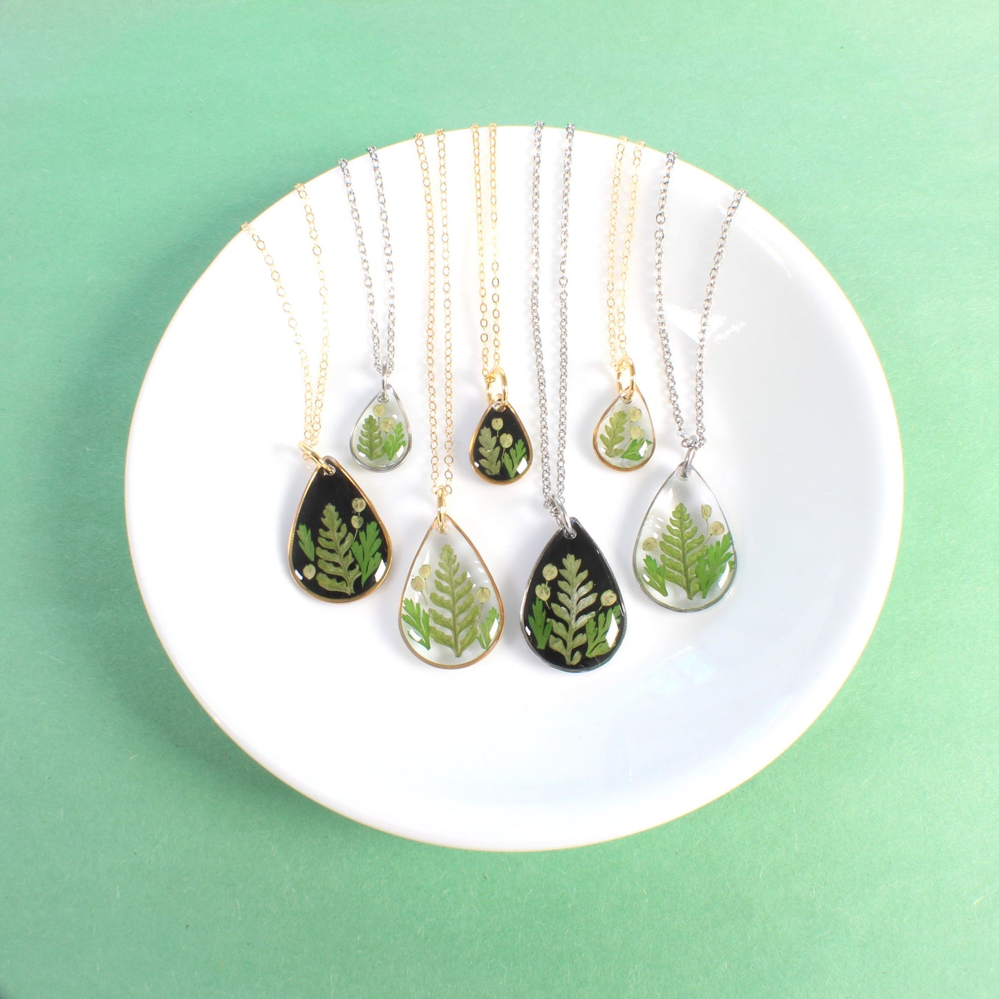 Tiny fern necklaces, real pressed fern leaf in resin, handmade nature plant jewelry, forest necklace, teardrop pendant, gold filled, silver