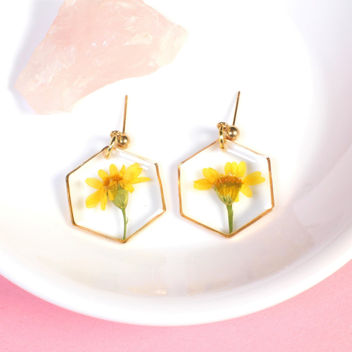 Yellow pressed flower dangle earrings, real daisy resin jewelry, dried floral, handmade, hexagons, wildflowers, March birth flower, daffodil