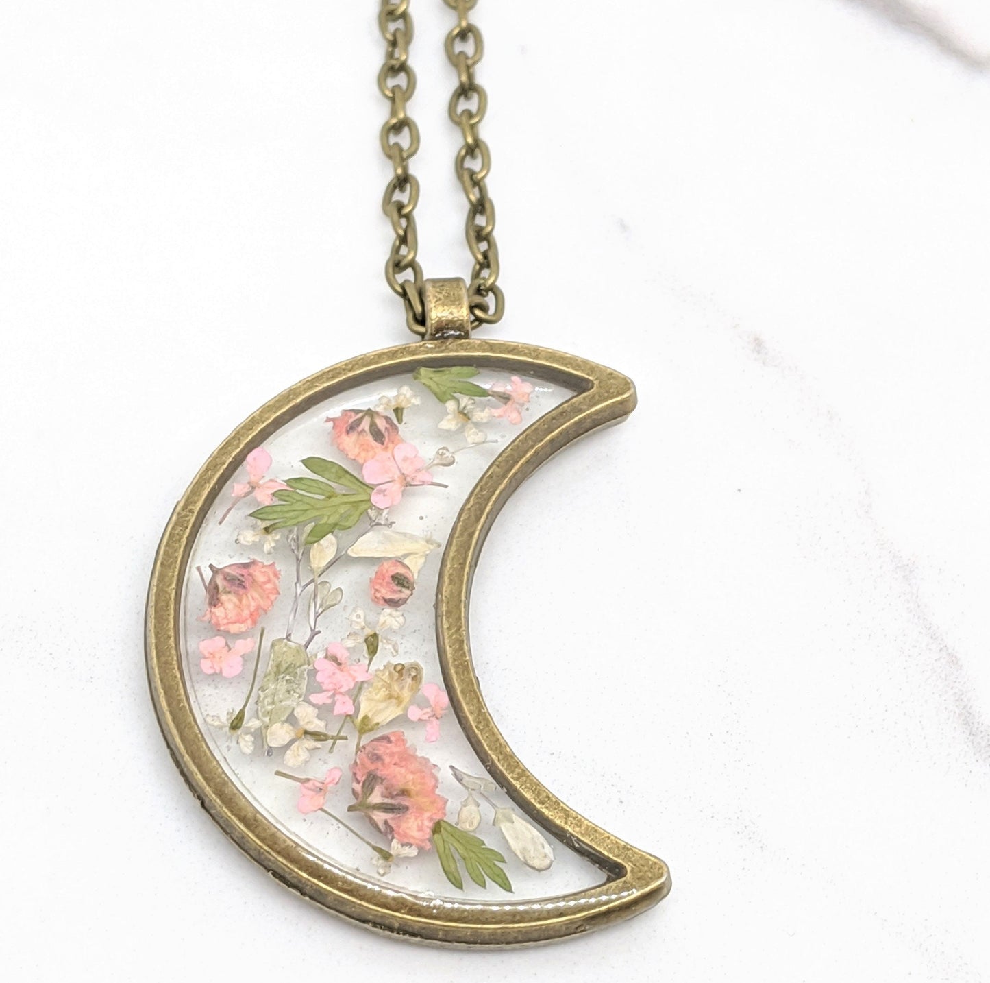 Real Pressed Flower Moon Necklace, Blush Pink Leaf, Bronze Resin Plant Pendant Dried Flower Jewelry, Handmade Moon Necklace, Celestial Lunar