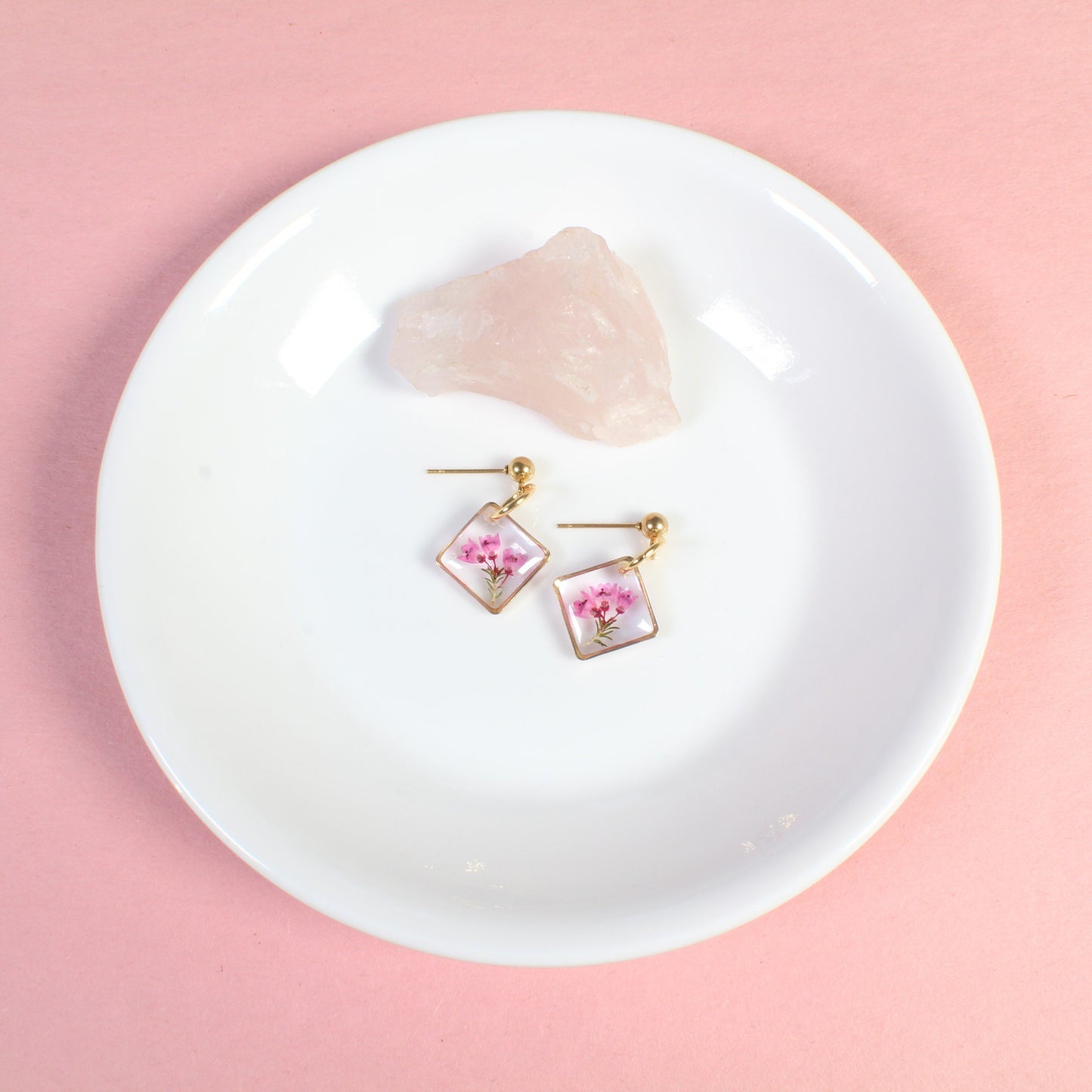 Dainty pink heather pressed flower earrings, small square dangles in silver or gold, handmade resin botanical jewelry, wildflower ball studs