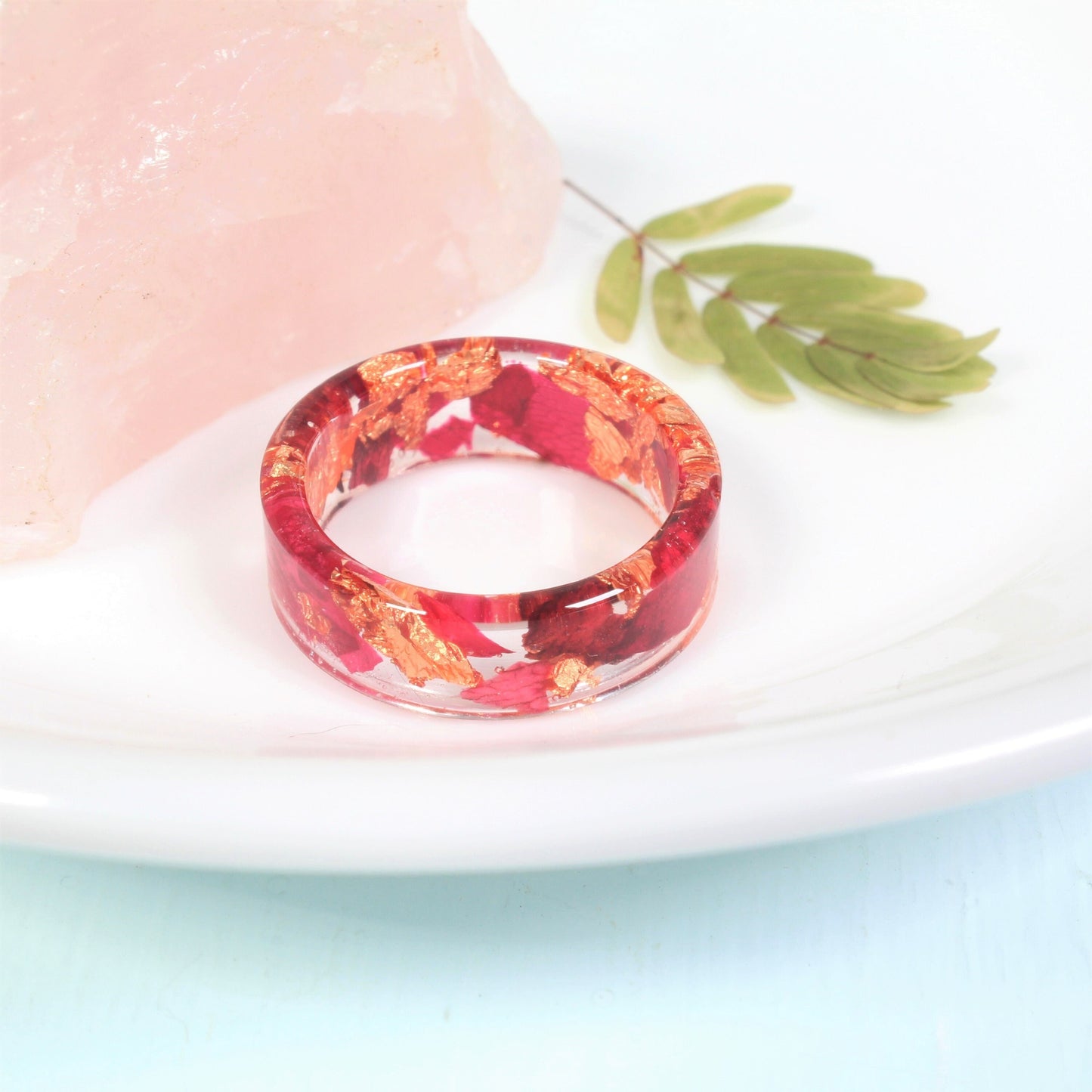 Real Pressed Flower Ring, Rose Petal and Copper Rose Gold Leaf Clear Resin Band, Pressed Flower Jewelry, Resin Ring, Pressed Flowers