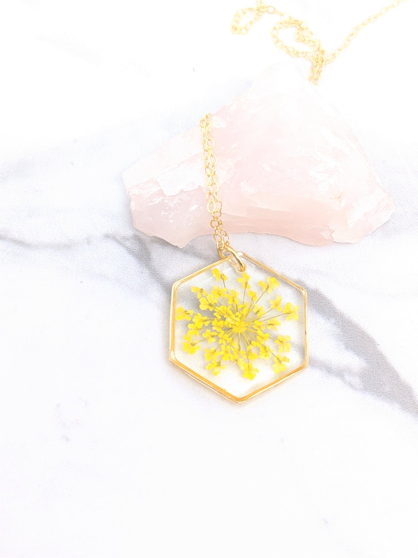 Pressed Flower Yellow Lace Sunburst Necklace, Gold Hexagon, Real Flowers in Resin, Gold Fill Option, Pressed Flower Jewelry, Dried Flowers