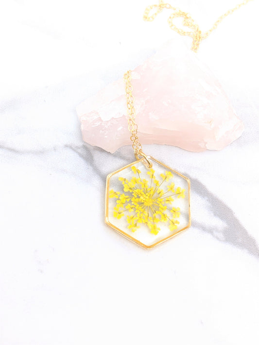 Pressed Flower Yellow Lace Sunburst Necklace, Gold Hexagon, Real Flowers in Resin, Gold Fill Option, Pressed Flower Jewelry, Dried Flowers