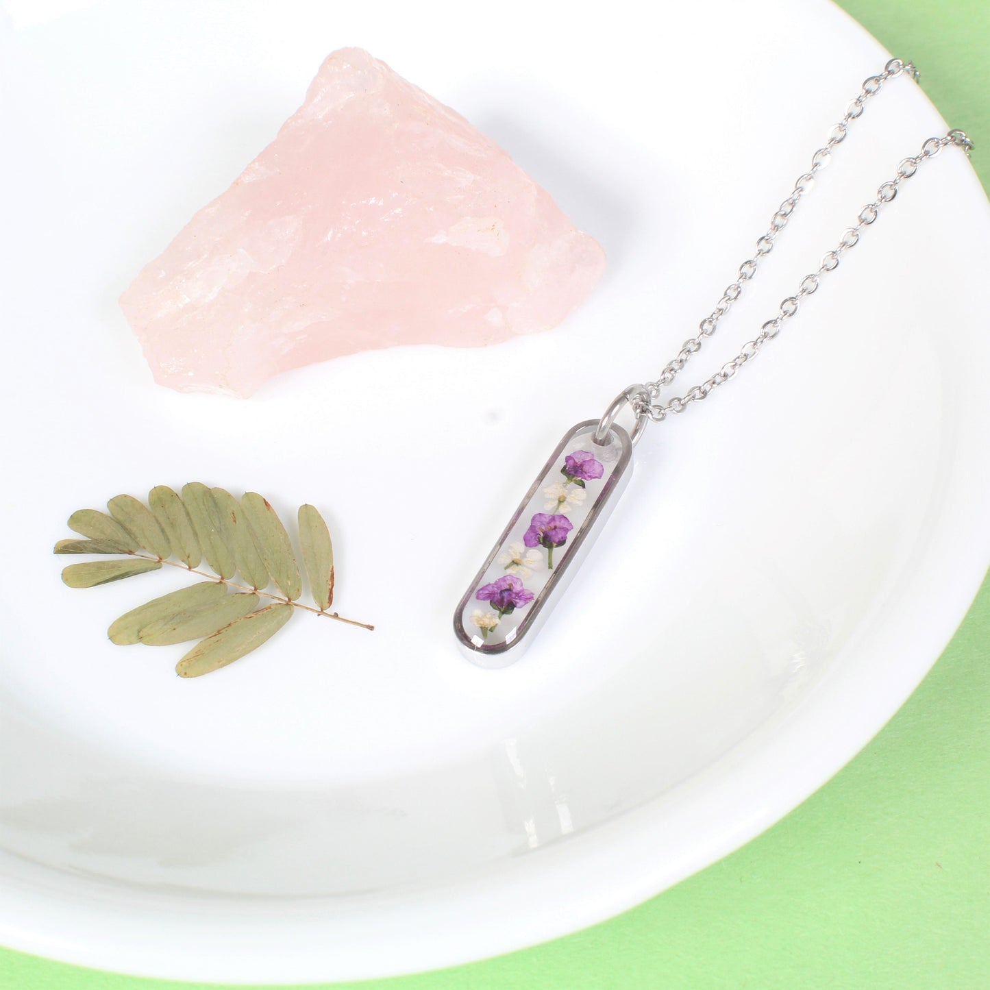 Pressed flower necklace, Dainty Oval Bar, Small Purple and White Dried Flowers in Resin, Delicate, Silver, Nature, Handmade botanical