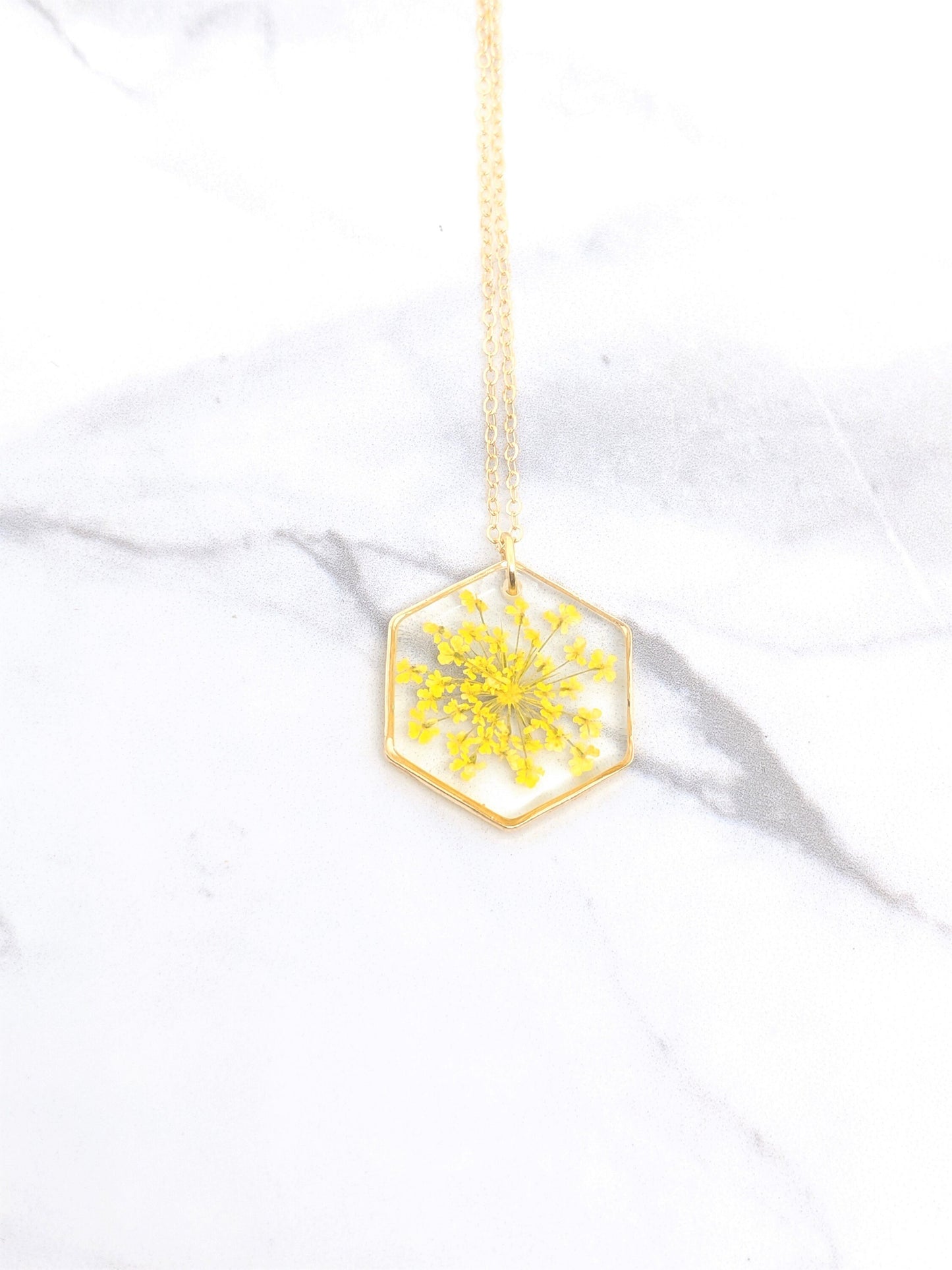 Pressed Flower Yellow Lace Sunburst Necklace, Gold Hexagon, Real Flowers in Resin, Gold Fill Option, Pressed Flower Jewelry, Dried Flowers