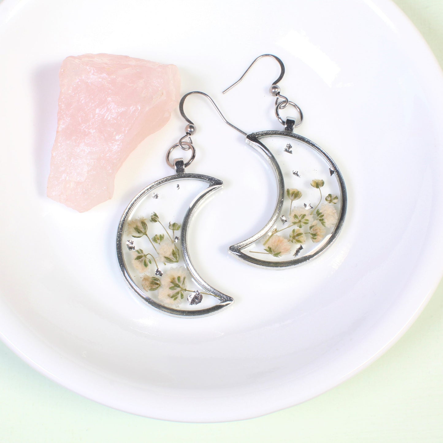 Pressed flower earrings, Gold moon dangle earrings, Resin flower jewelry, handmade, white baby's breath, dry botanicals, wildflowers, lunar