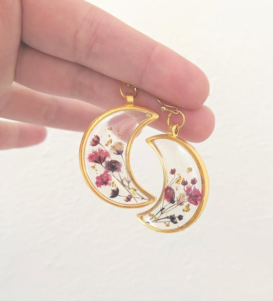 Pressed Flower Earrings, Resin Moon Dangles, Real Dried Flowers, Handmade, Silver, Rose Gold, Bronze, Gold, Botanical, Baby's breath, Nature
