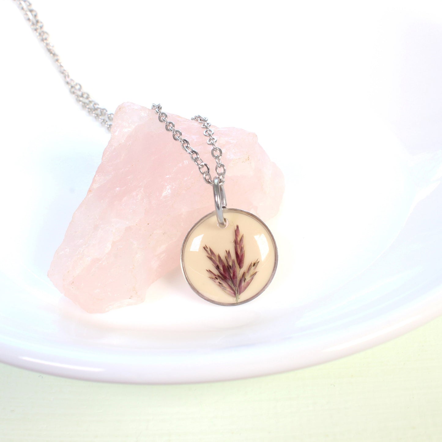 Dainty pressed flower necklace, natural botanical resin pendant, beige, green, white, baby's breath, fern, wildflower nature plant jewelry
