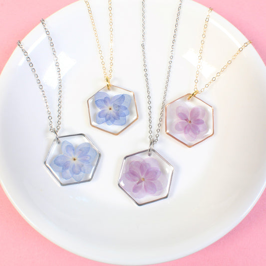 Hydrangea necklace, real pressed flower pendant, purple, blue, gold, silver, handmade resin dried flower jewelry, hexagon, botanical, nature