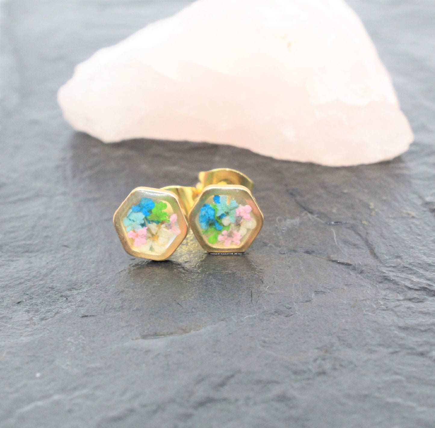 Tiny Pressed Flower Earrings, Gold Hexagon Stud, Minimalist Post, Small Green Pressed Flower Jewelry, Real Flower Jewelry,Pressed Flower