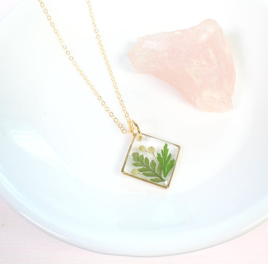 Gold fern leaf necklace, plant jewelry, nature lover gift, handmade resin pendant, pressed flower, preserved woodland botanicals, green leaf