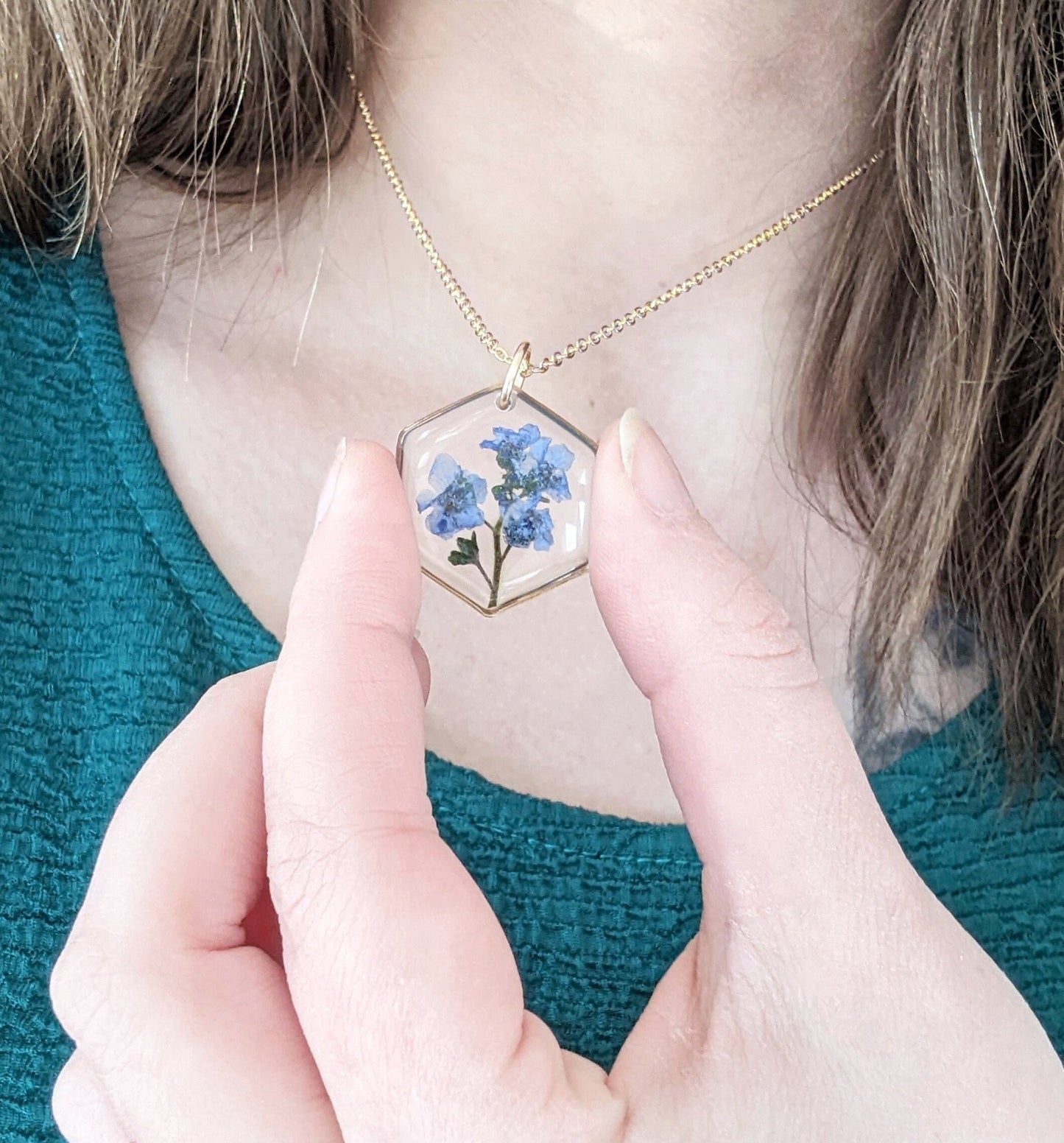 Hexagon Forget-me-not Resin Necklace