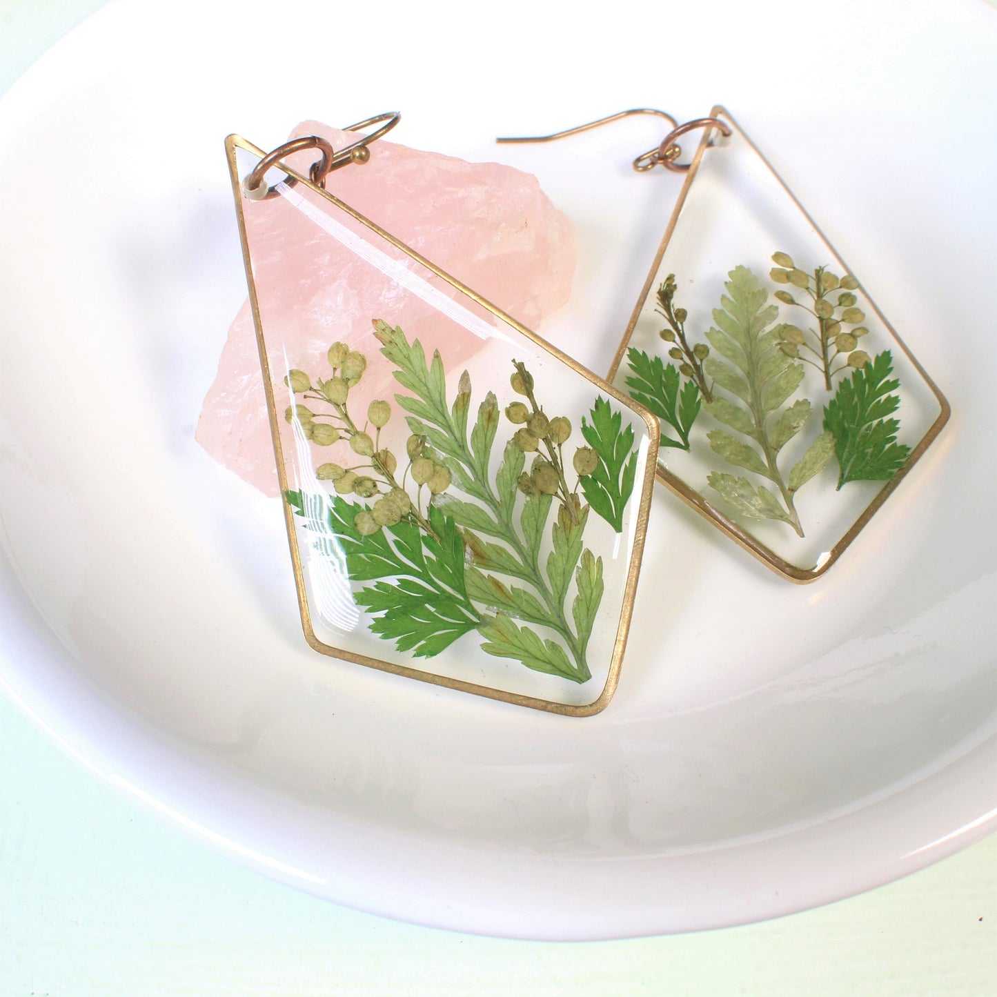 Fern earrings, large plant dangles, terrarium kite statement earrings, real leaf jewelry, resin, nature, forest, woodland, pressed flowers
