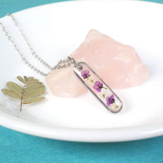 Pressed flower necklace, Dainty Oval Bar, Small Purple and White Dried Flowers in Resin, Delicate, Silver, Nature, Handmade botanical