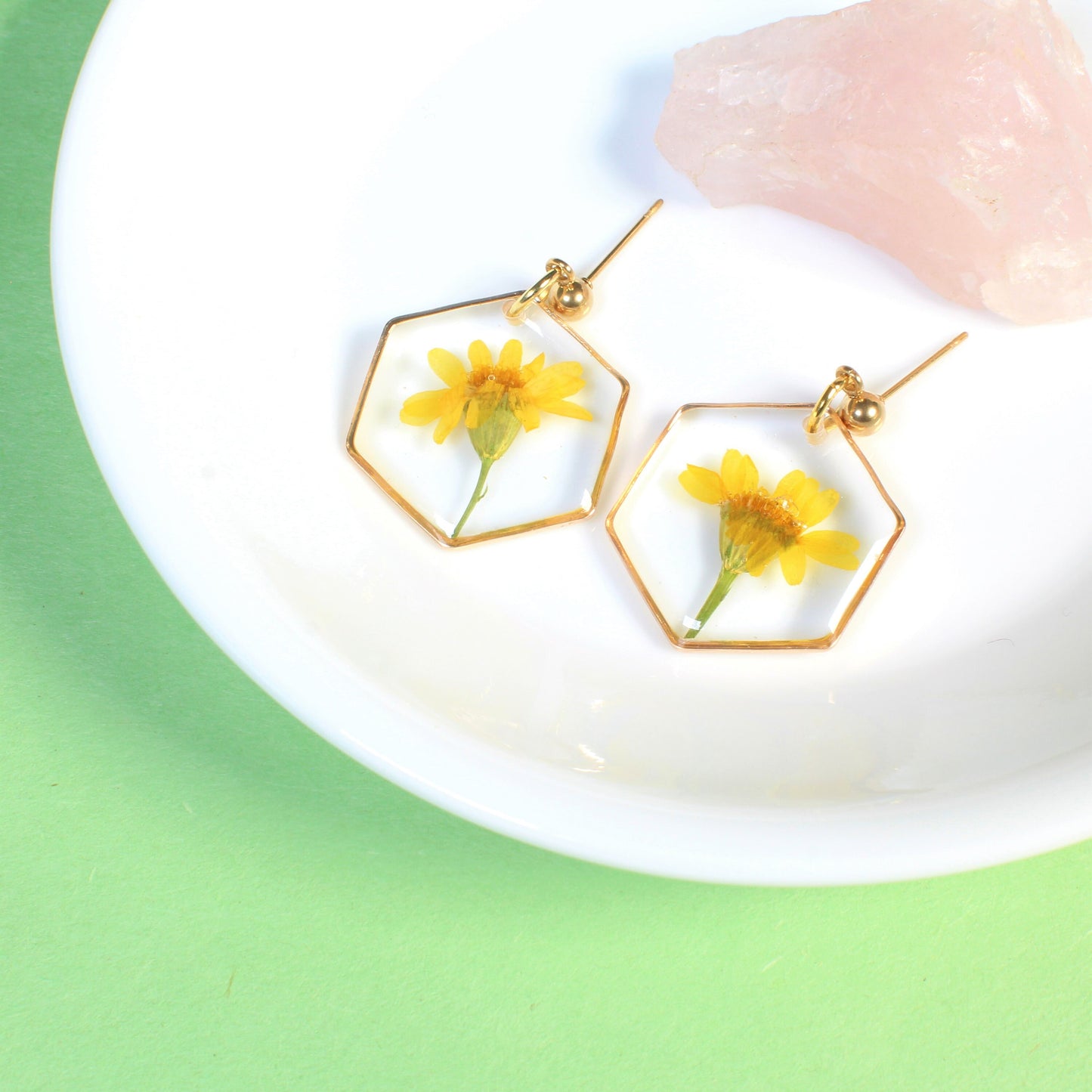 Yellow pressed flower dangle earrings, real daisy resin jewelry, dried floral, handmade, hexagons, wildflowers, March birth flower, daffodil