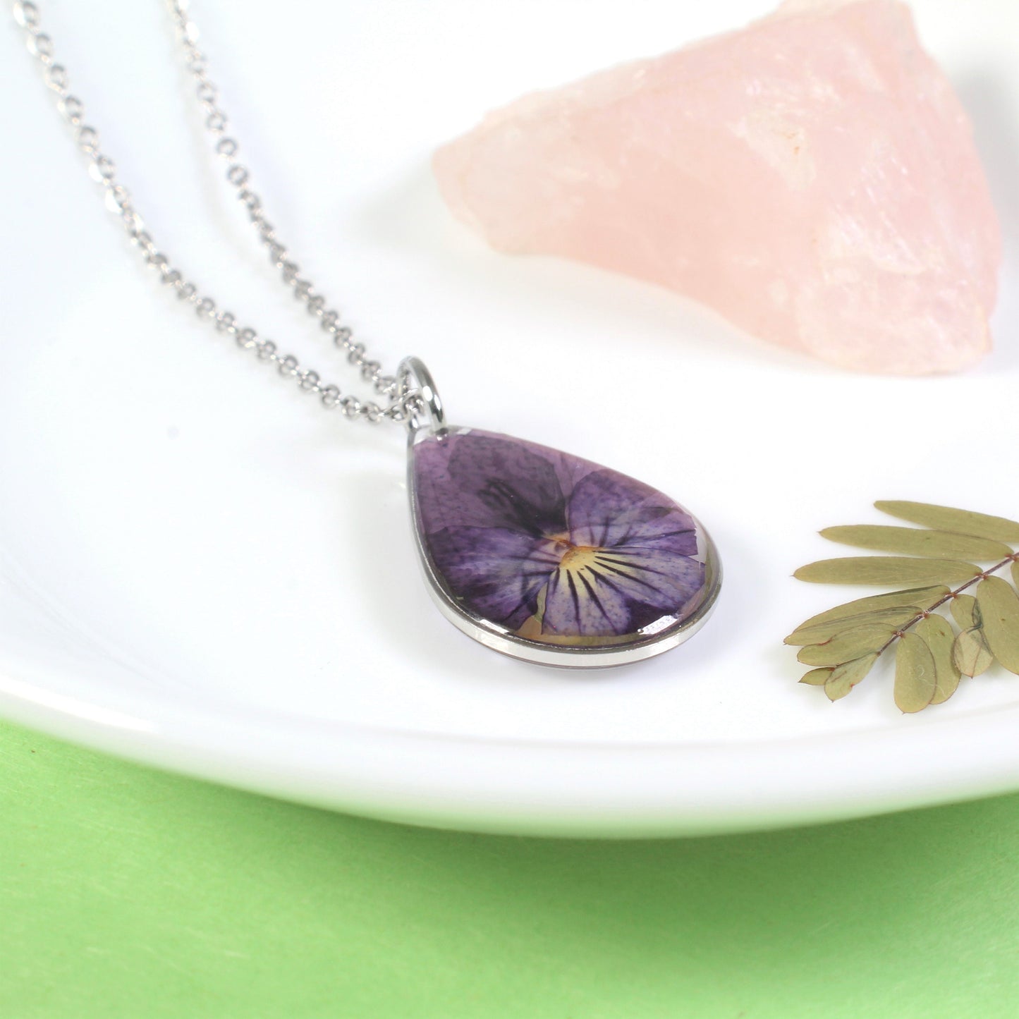 Violet necklace,  Small pressed flower pendant, real pansy viola, resin, handmade botanical teardrop necklace, February birth flower, nature