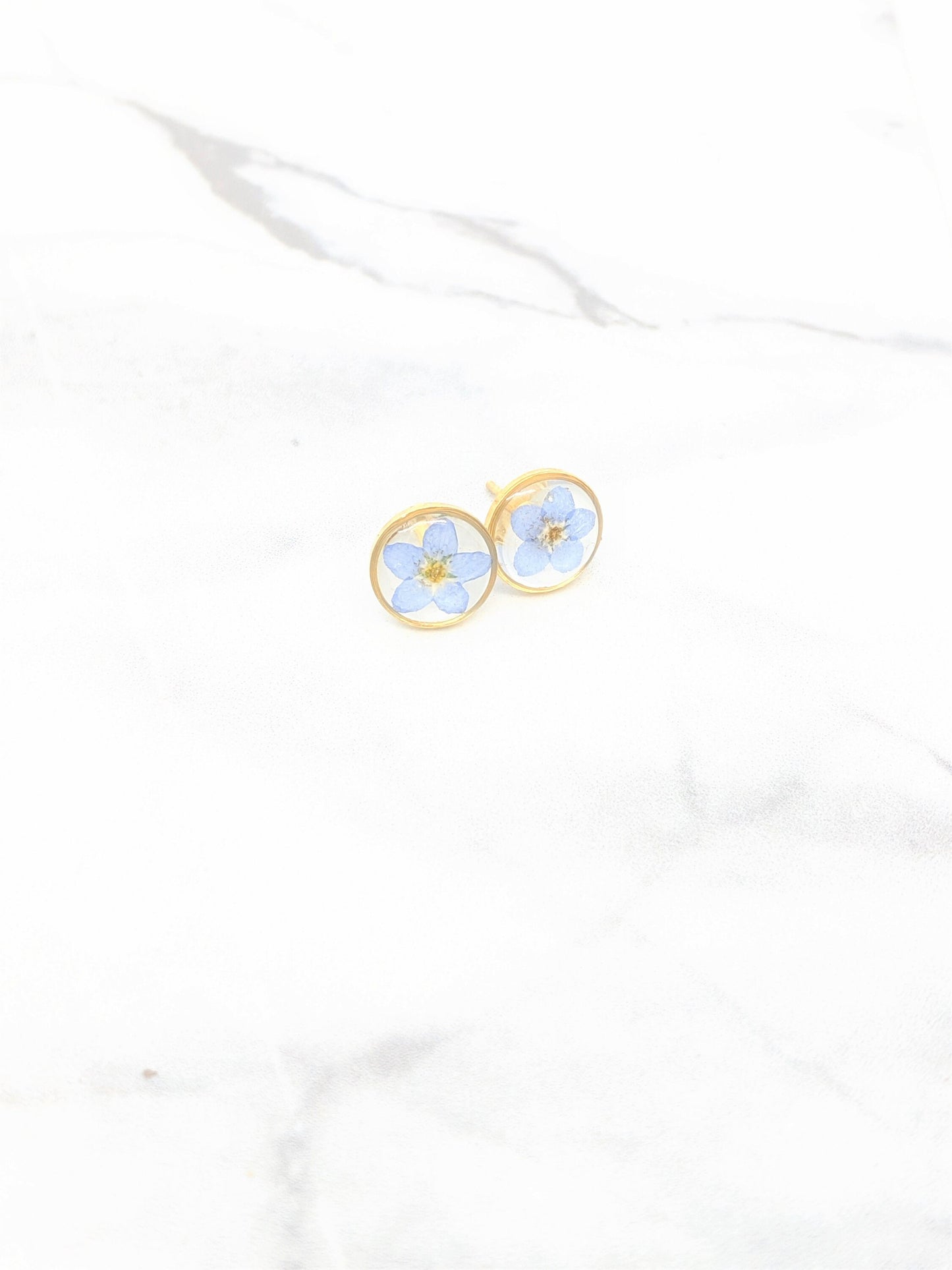 Pressed Flower Earrings, Forget me not Studs, Botanical Earrings, Pressed Flower Jewelry, Real Dried Blue Flower Studs, Hypoallergenic