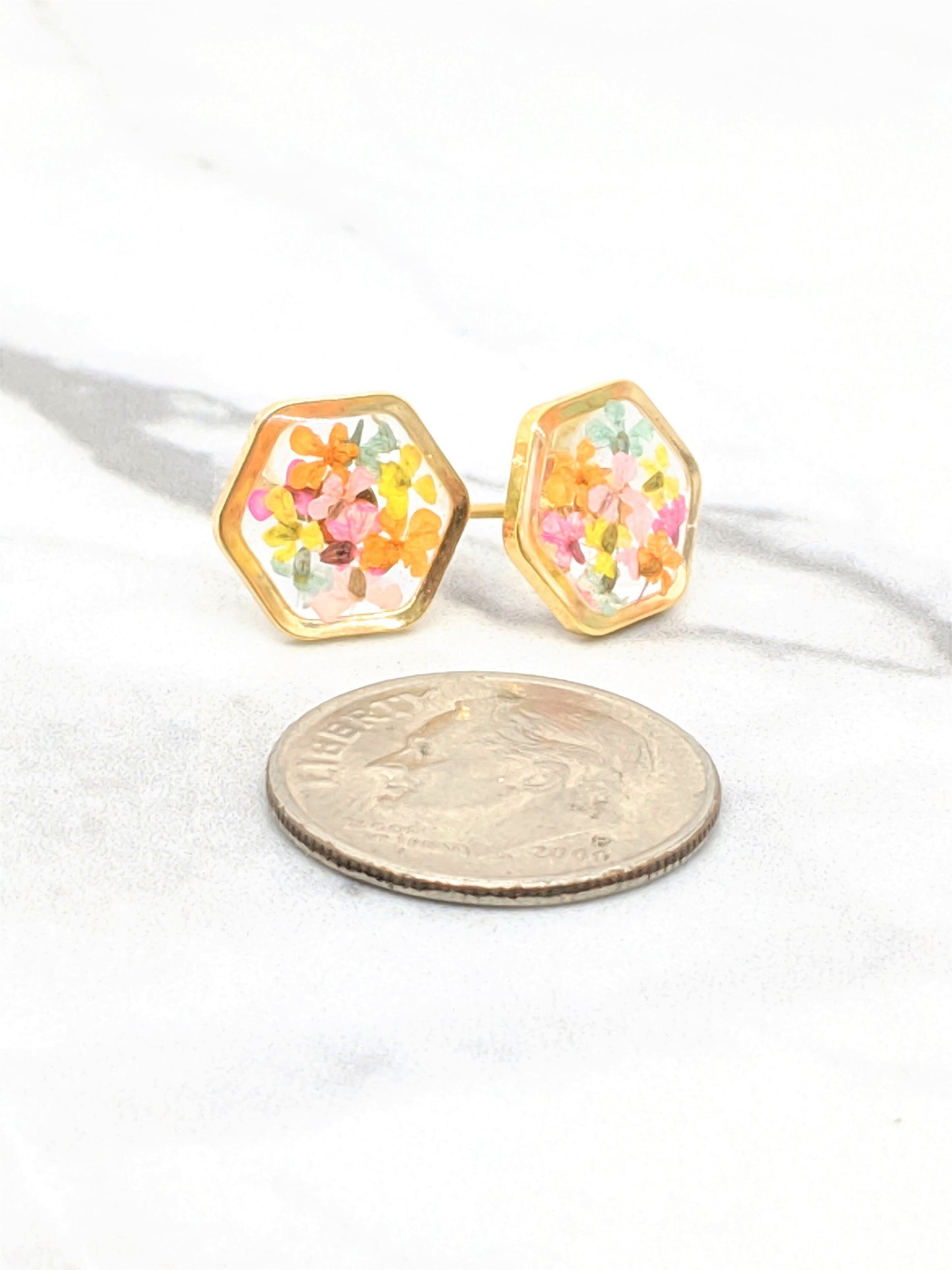 Real Pressed Flower 24K Gold Plated Hexagon Stud Earrings, Pastel Cotton Candy Colors, Dry Flower Jewelry, Titanium posts, Botanical