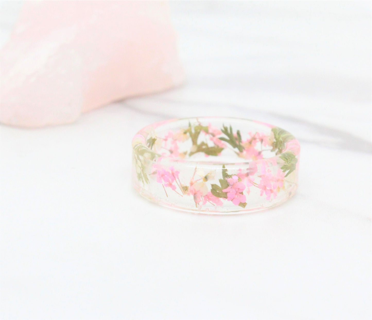 Real Pressed Flower Ring,  Blush, White, and Leaves Clear Resin Band, Pressed Flower Jewelry, Dry Flower Ring, Real Flower Ring, Pink Ring