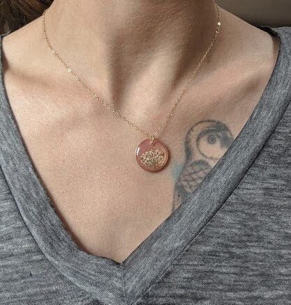 Pressed Flower Necklace, Small Real Flower Jewelry, Blush Pink, Blue, Lavender, Neon Pink, Mint, Black, Resin Lace Pendant, Colorful, Circle