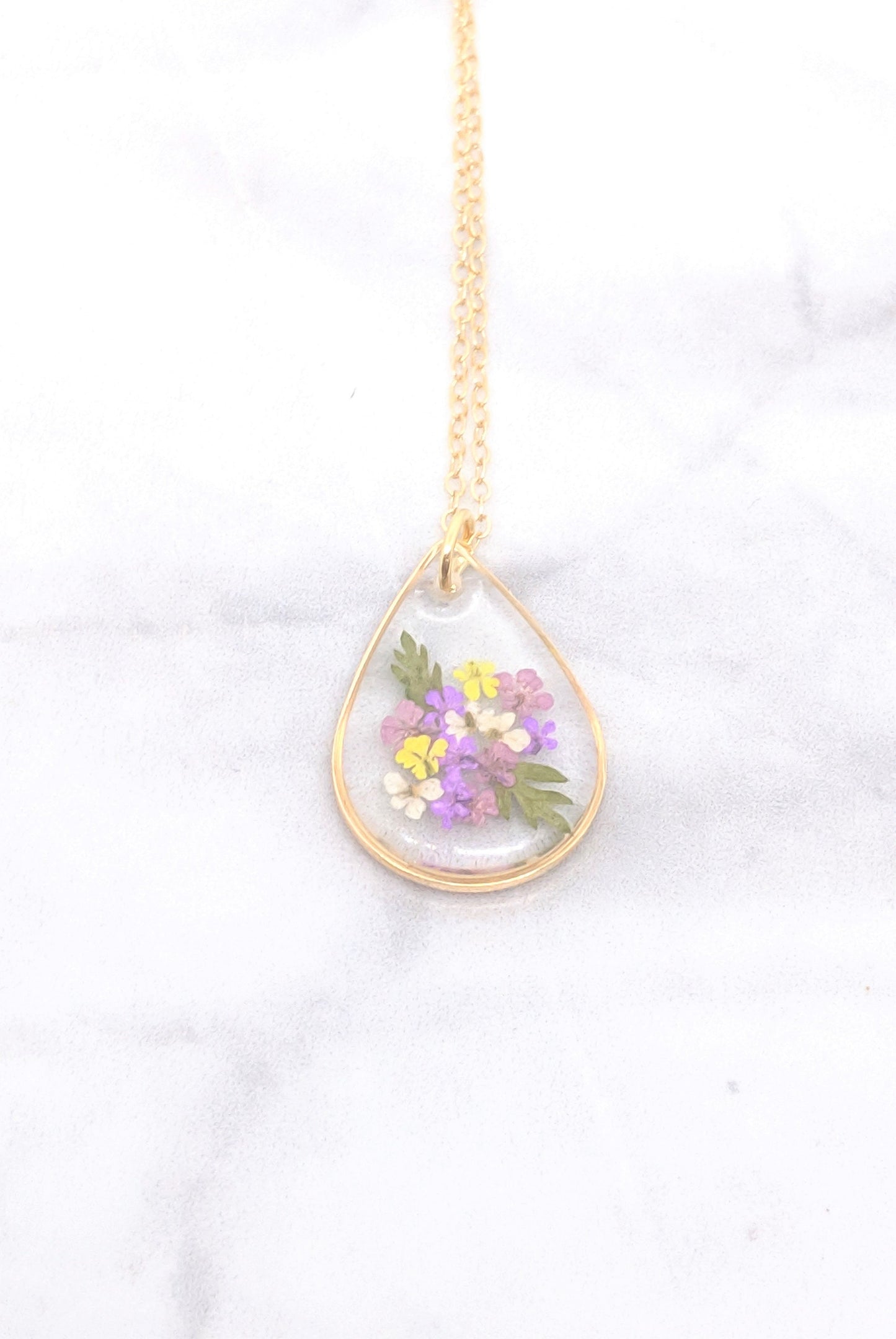 Small Purple Pressed Flower Bouquet Teardrop Pendant Necklace