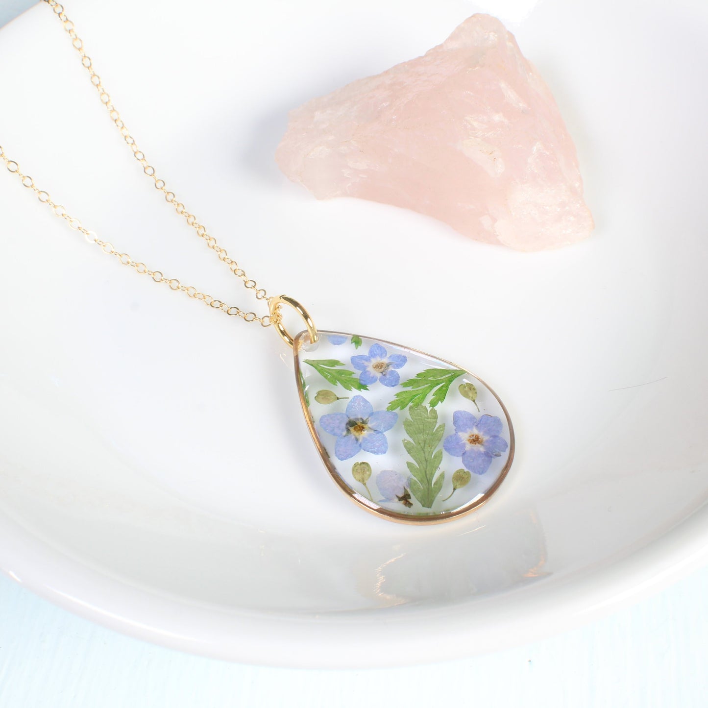 Pressed forget me not flowers and fern leaves resin handmade teardrop necklace