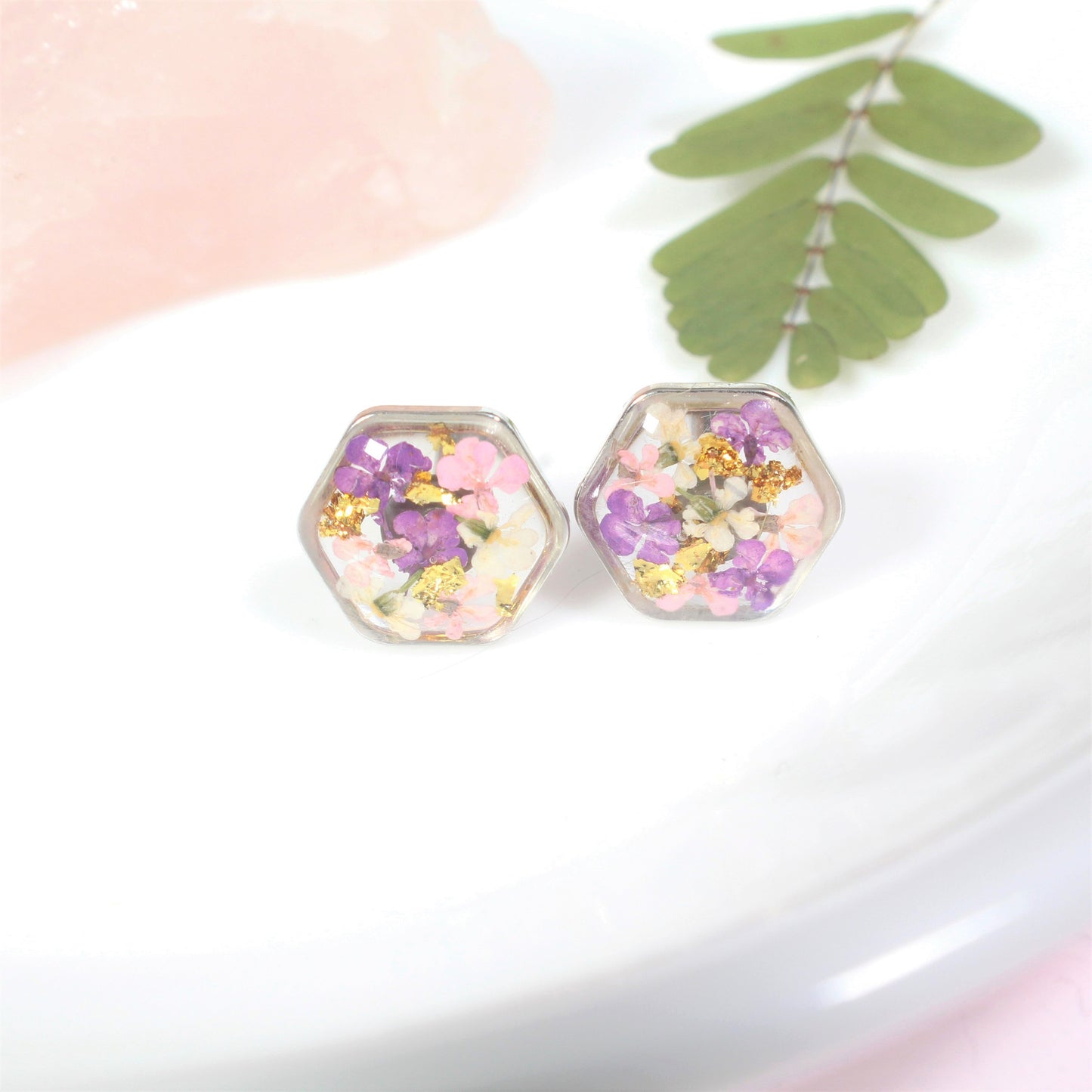Hexagon Pressed Flower Resin Stud Earrings with Gold Leaf