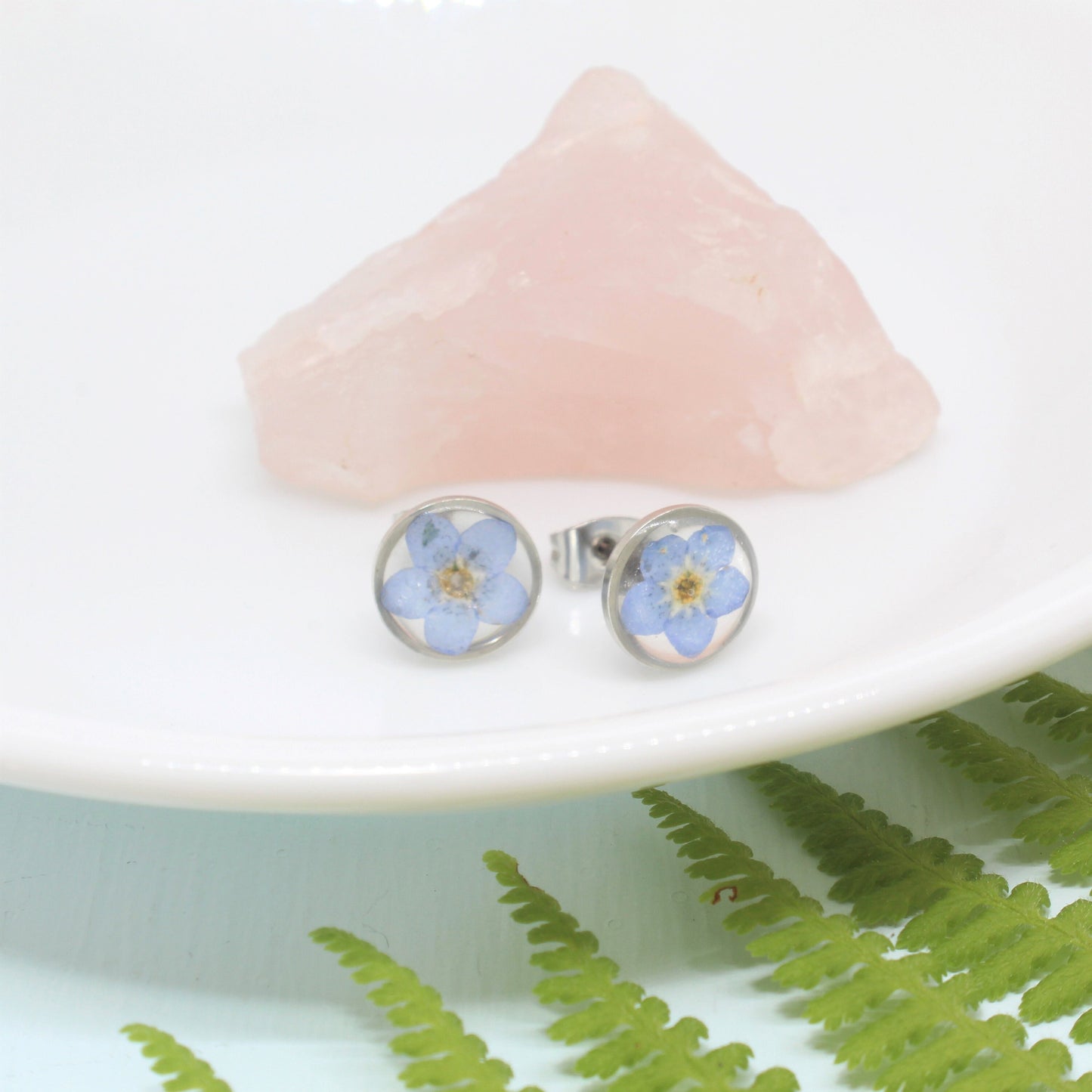 Pressed Flower Earrings, Blue Forget-me-not Studs, Silver Circle Earring, Hypoallergenic titanium Jewelry, Real DriyFlowers Resin Plant Stud