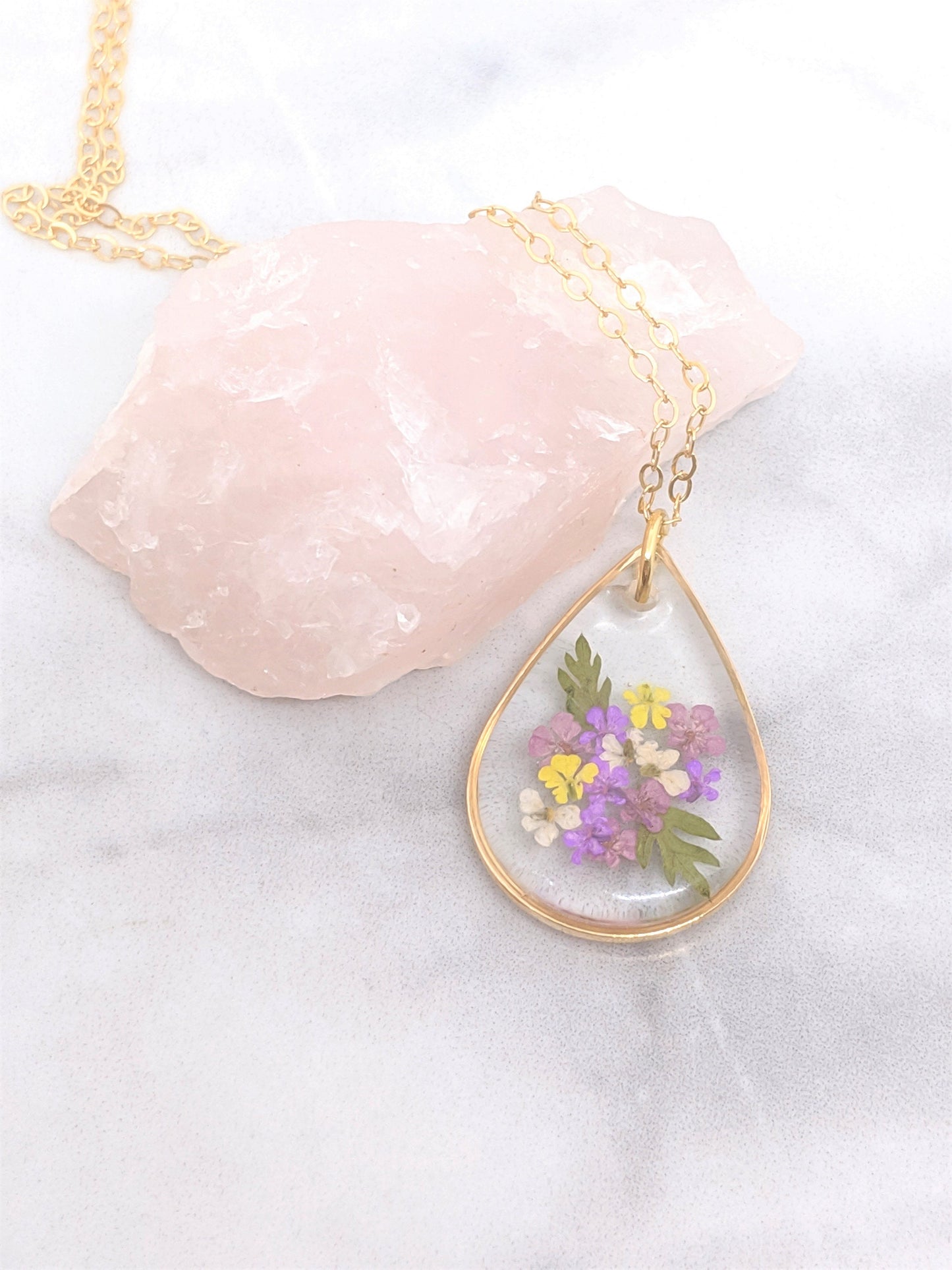 Small Purple Pressed Flower Bouquet Teardrop Pendant Necklace