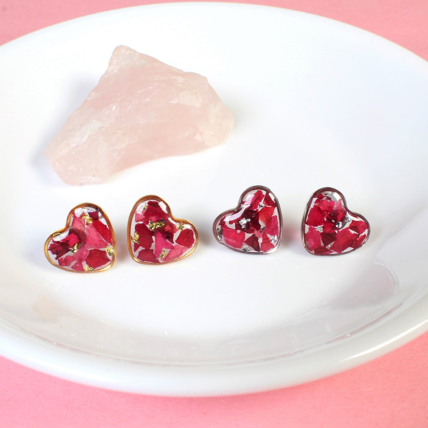 Heart Necklace, Rose Petals in Resin, Gold, Silver, Pressed Flower Jewelry Set, Stud Earrings, Dried Flowers, Mother's Day Gift for Her