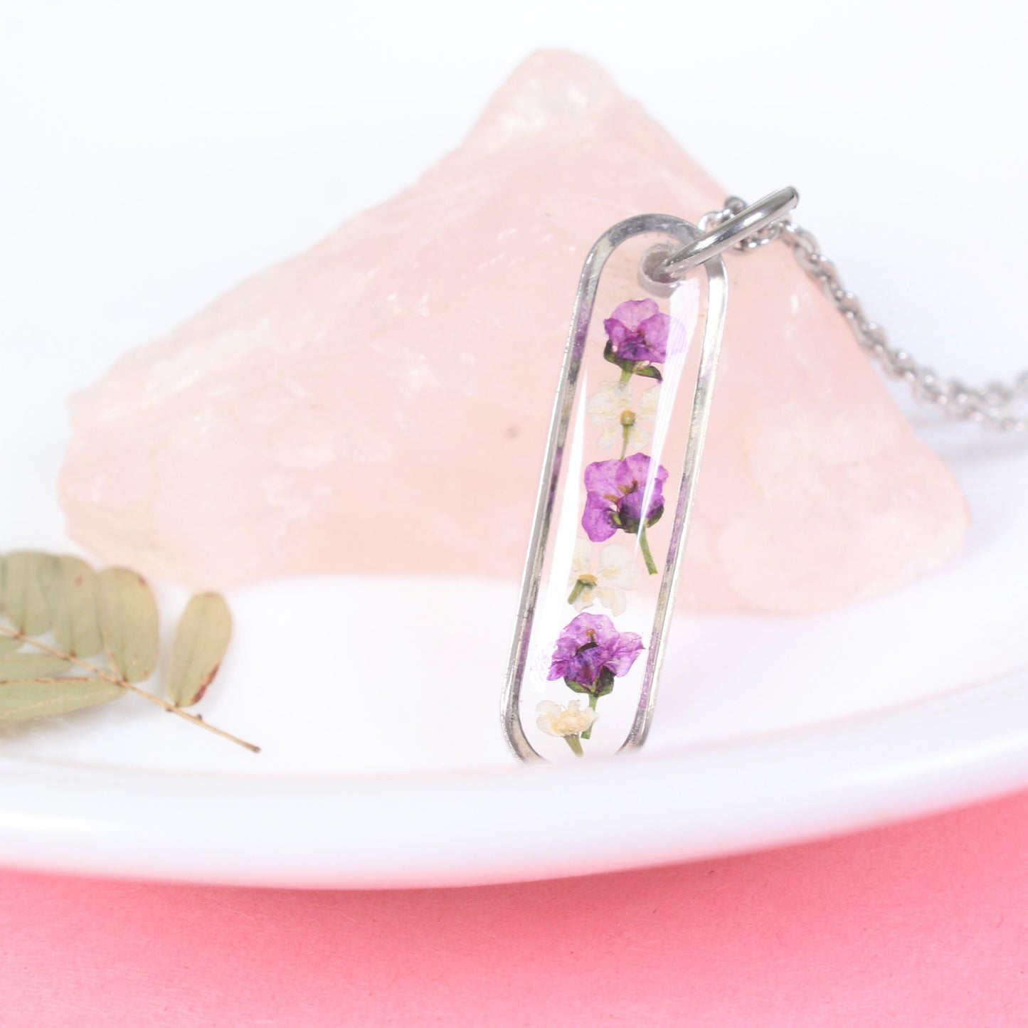 Pressed flower necklace, Dainty Oval Bar, Small Purple and White Dried Flowers in Resin, Delicate, Silver, Nature, Handmade botanical