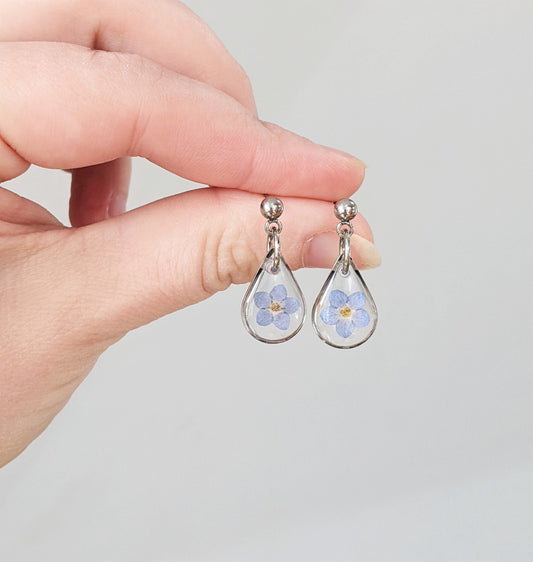 Tiny silver forget me not earrings, small pressed flower resin earrings, forget-me-not, handmade resin jewelry, loss, grief, remembrance