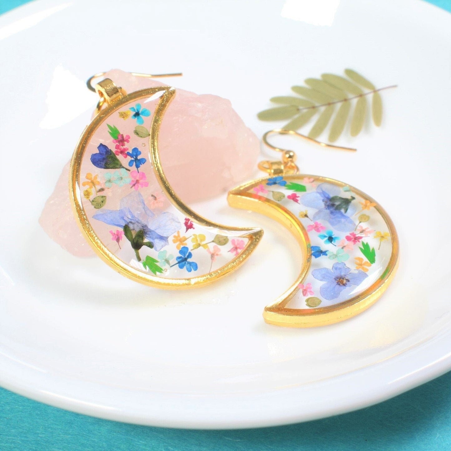Pressed Flower Moon Earrings, Large Gold Floral Dangle, Resin, Forget me not Flowers, Colorful Dried Flower Earring, Celestial Plant Jewelry