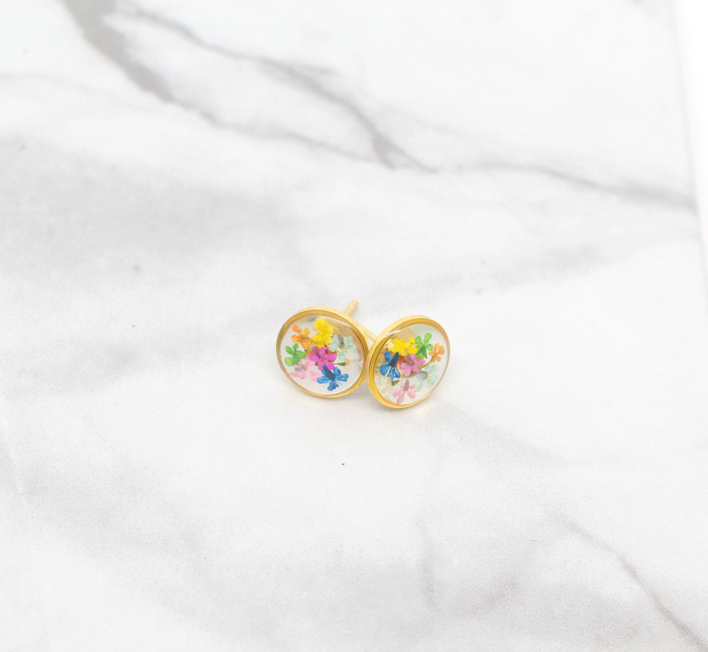 Gold rainbow earrings, pressed flower resin jewelry, colorful circle studs, hypoallergenic titanium, handmade post earrings, dried flowers