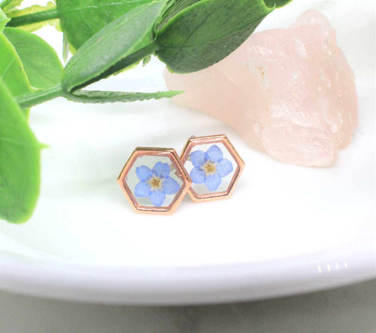 Pressed Flower Earrings, Rose Gold, Blue Forget-me-not Studs, Real Dried Flower Posts, Pressed Flower Jewelry, Botanical Forgetmenot Jewelry