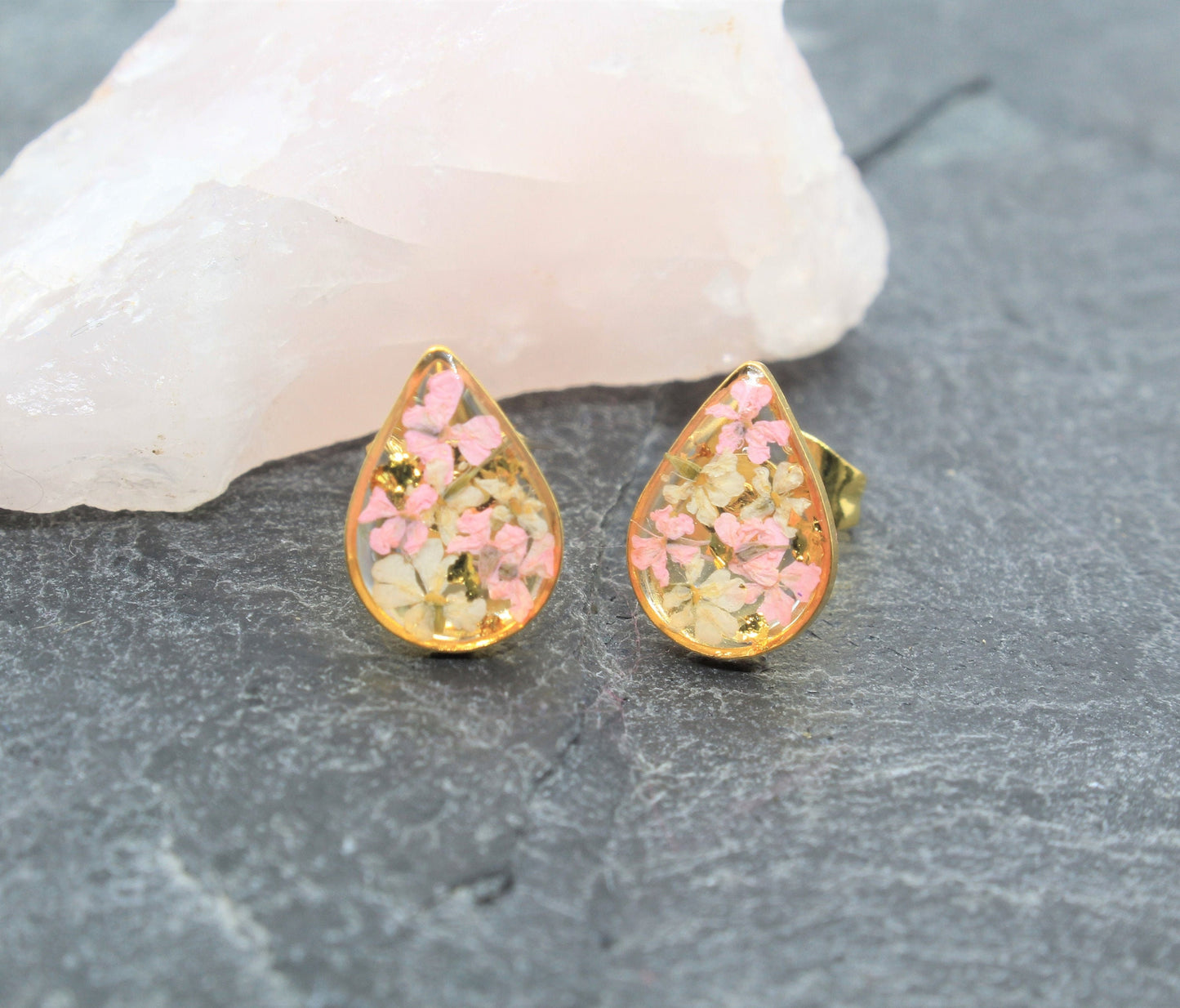 Pressed Flower Studs, Blush Pink, White, Gold Leaf Detail, Real Dry Flower Jewelry, Pressed Flower Post Earrings, Pressed Flower Jewelry