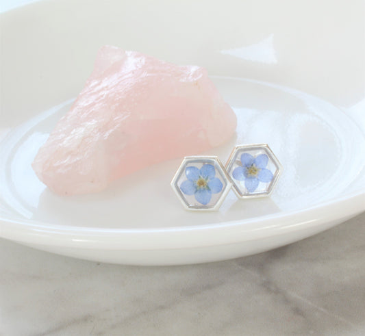 Pressed Flower Earrings, Blue Forget-me-not Studs, Silver Hexagons, Real Dried Flowers, Resin, Plant Jewelry, Forget me not, Titanium Posts