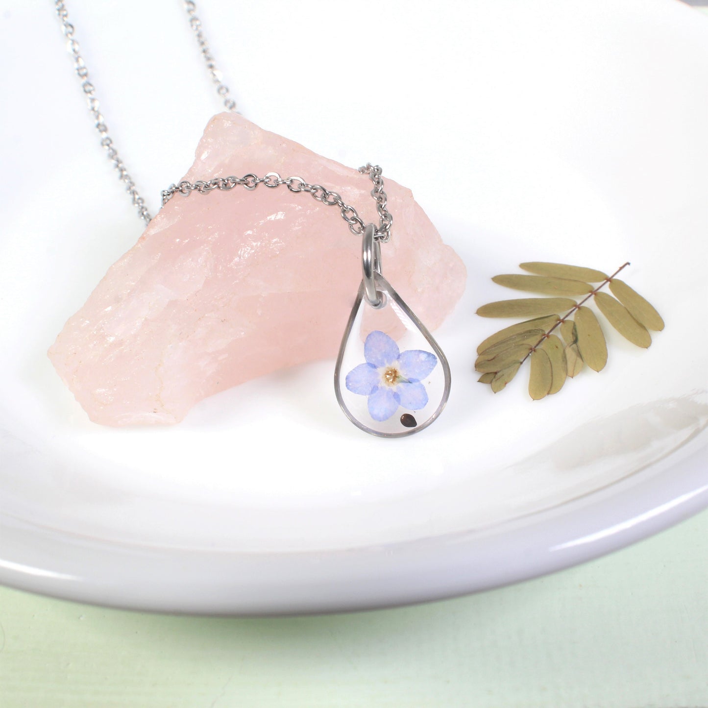 Small teardrop forget-me-not seed and flower necklace, forget me not pendant, miscarriage gift, loss, grief, remembrance, pressed flowers