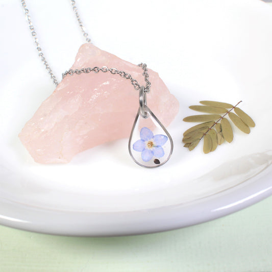 Small teardrop forget-me-not seed and flower necklace, forget me not pendant, miscarriage gift, loss, grief, remembrance, pressed flowers