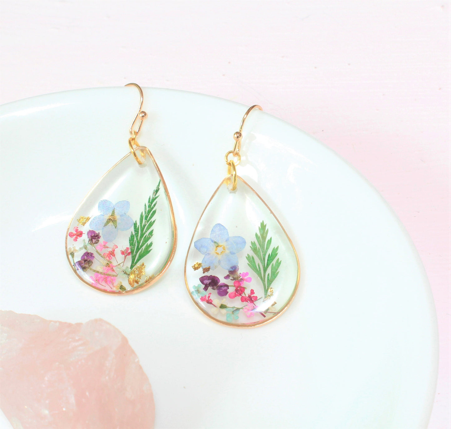 Pressed Flower Earrings, Large Teardrop Dangles, Dried Flower Jewelry, Resin Plant Earrings, Forget-me-not Earrings, Real Flower Jewelry