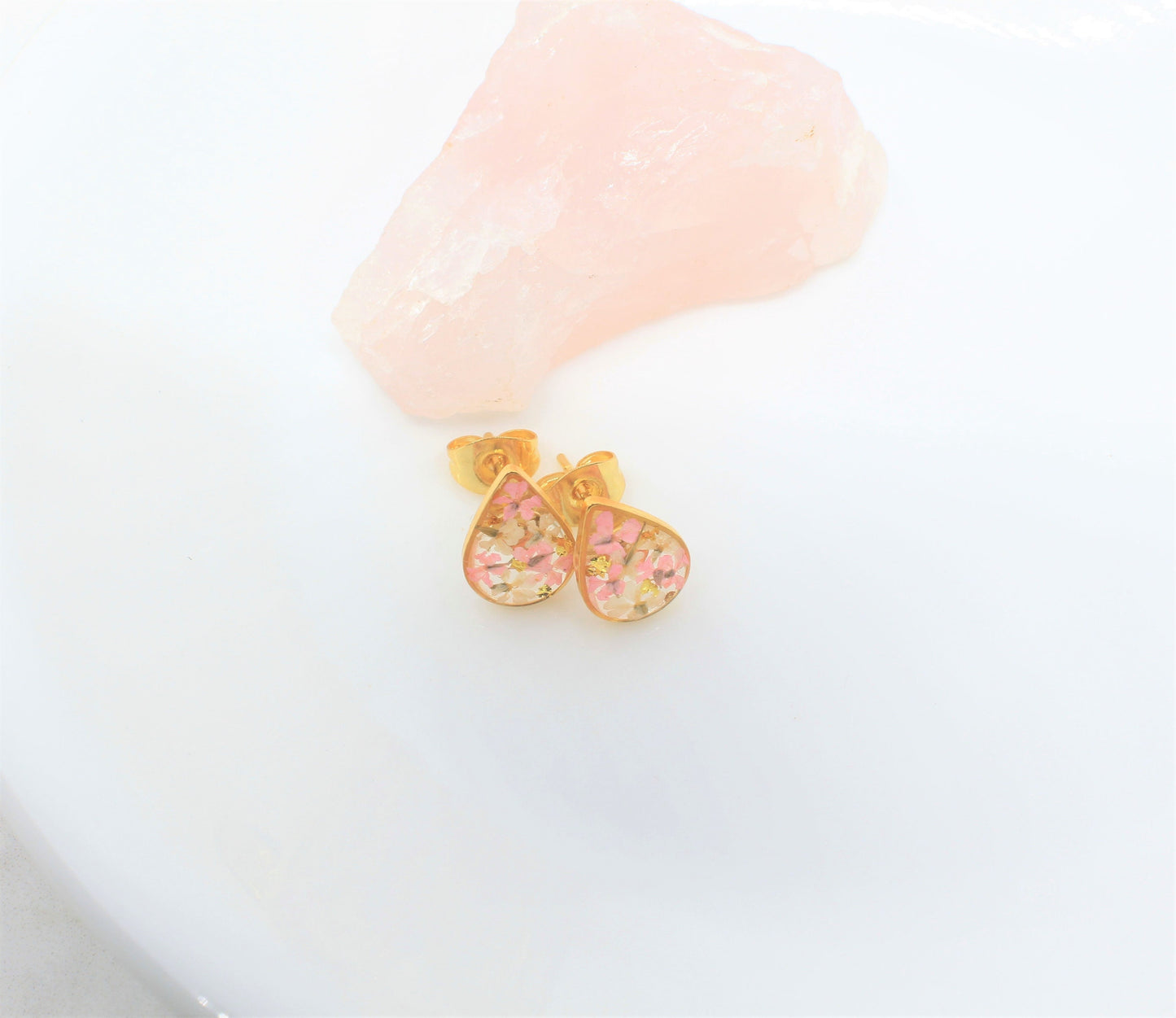 Pressed Flower Studs, Blush Pink, White, Gold Leaf Detail, Real Dry Flower Jewelry, Pressed Flower Post Earrings, Pressed Flower Jewelry
