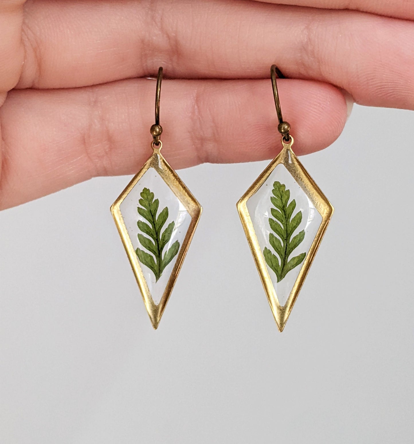 Fern earrings, little leaf jewelry, green plants, resin earrings, dainty, pressed flower earrings, handmade, small dangles, nature, forest