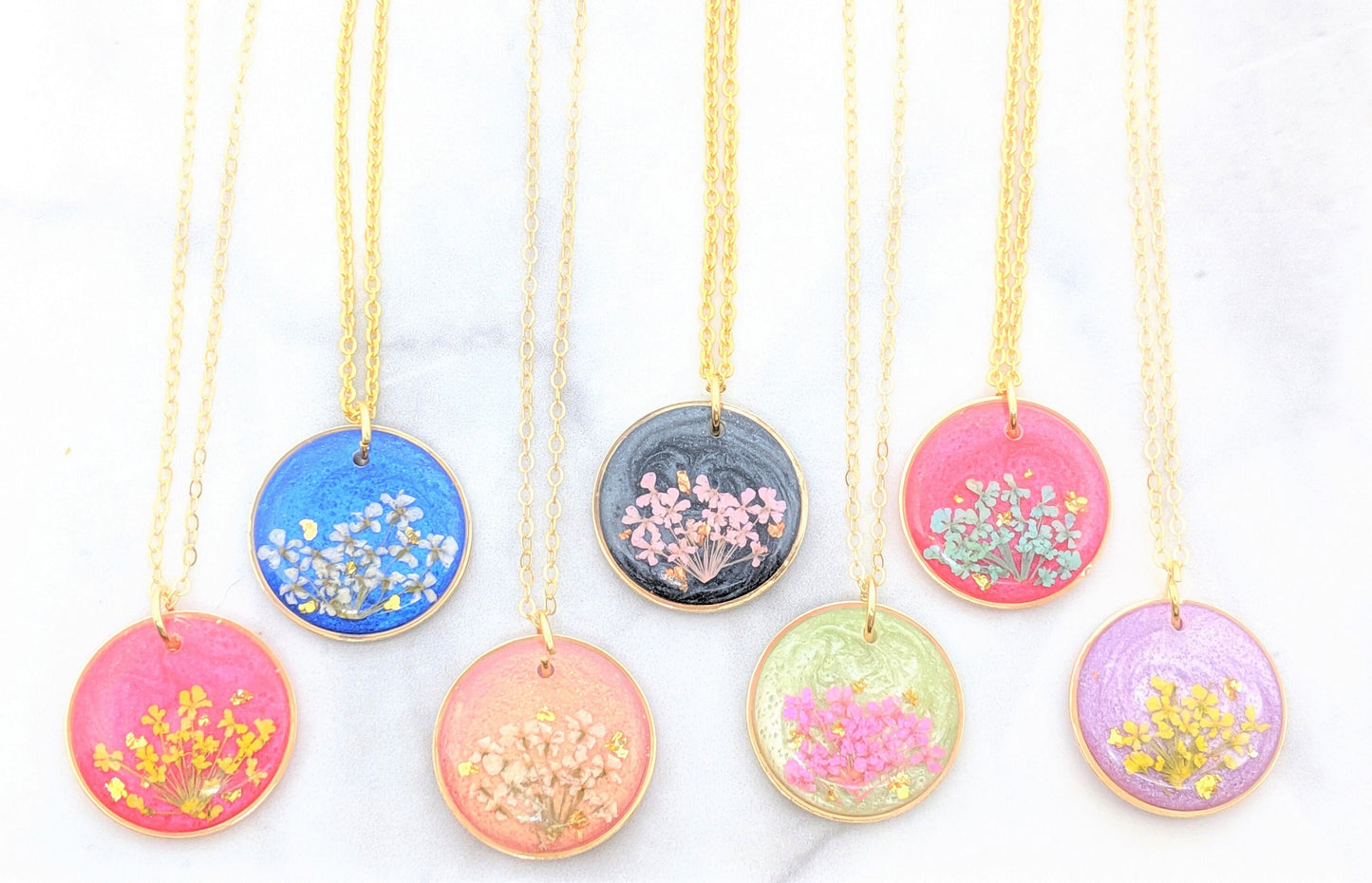 Pressed Flower Necklace, Small Real Flower Jewelry, Blush Pink, Blue, Lavender, Neon Pink, Mint, Black, Resin Lace Pendant, Colorful, Circle