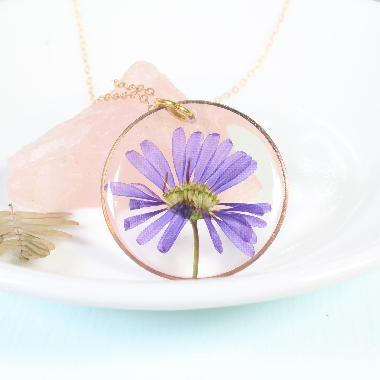 September birth flower necklaces, purple aster jewelry, pressed flower pendant, handcrafted resin jewelry, dried flowers, aster daisy